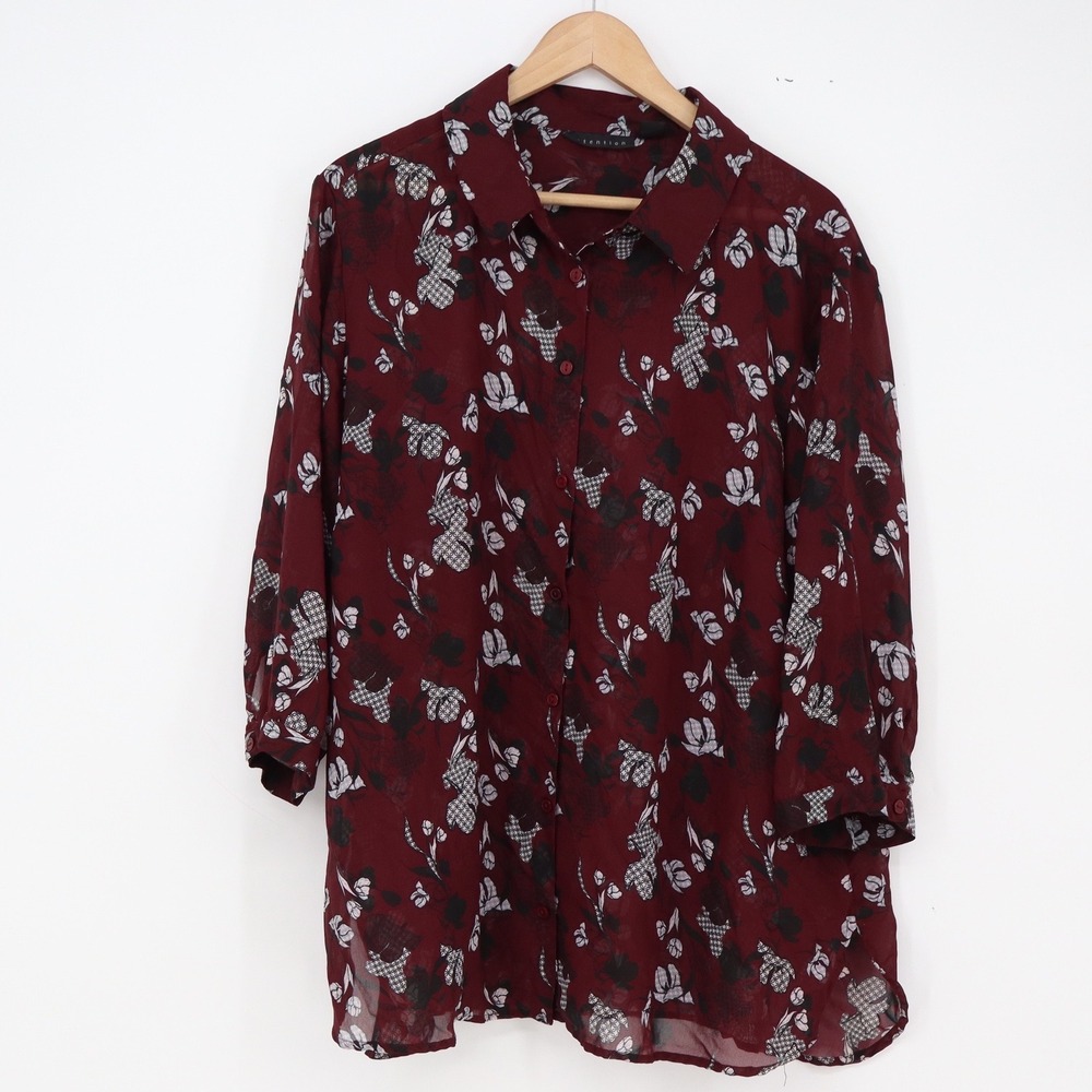 Attention Blouse Womens 2X Floral Houndstooth Burgundy Button-Down Excellent